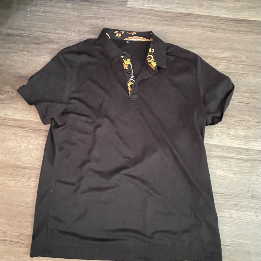 Black Polo Shirt with Patterned Collar